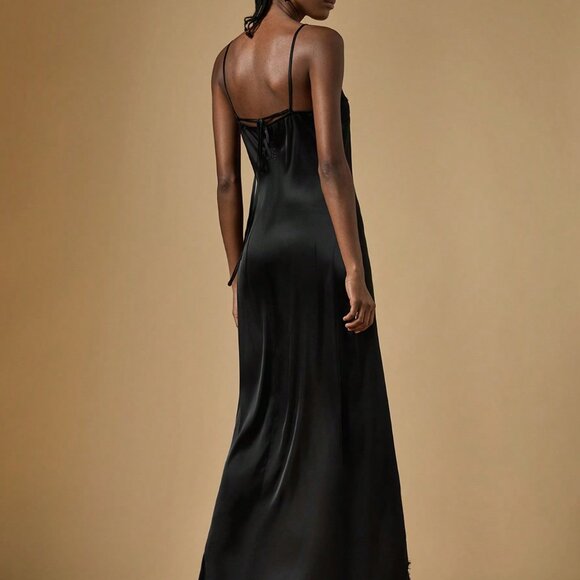 Black Preppy Women's Cold Shoulder Spaghetti Strap High Slit Lace Dress - Picture 2 of 7